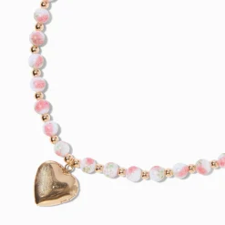 Gold-tone Heart Locket Rose Beaded Necklace