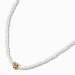 Gold-tone Heart Pendant Pearl Necklace