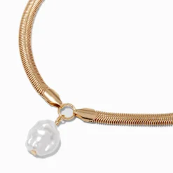 Gold-tone Herringbone Pearl Pendant Necklace