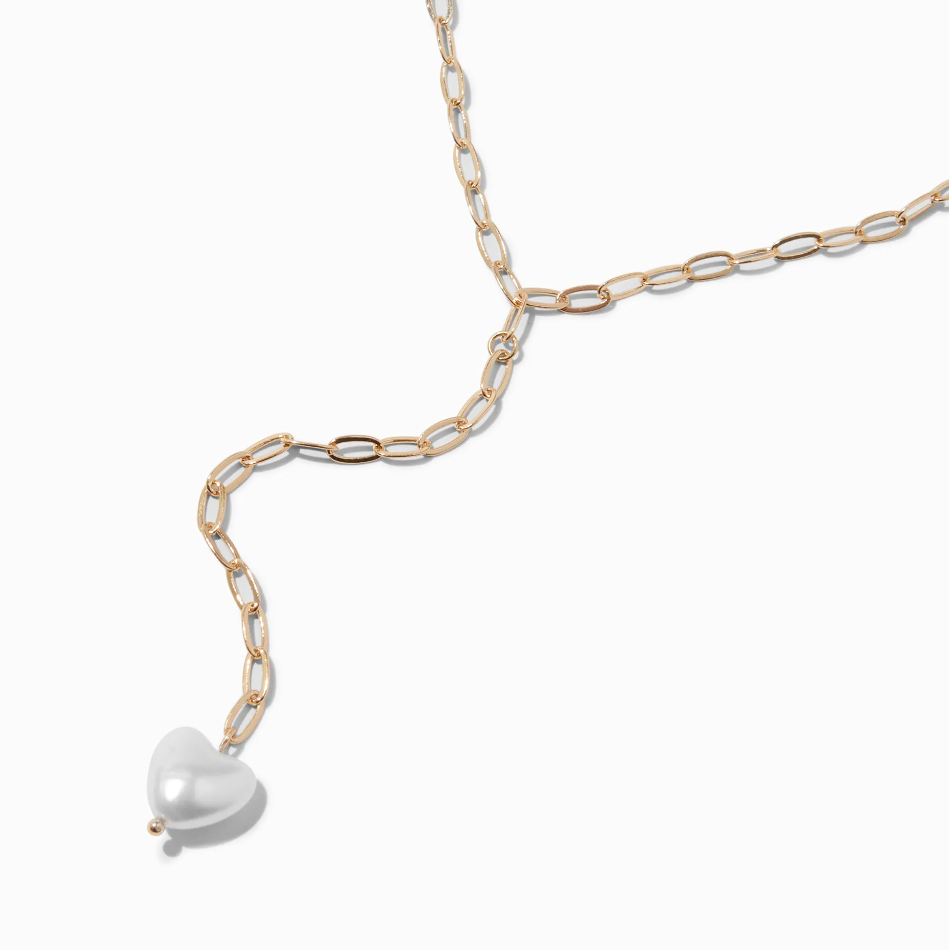 Gold-tone Paperclip Faux Pearl Heart Y-Neck Necklace