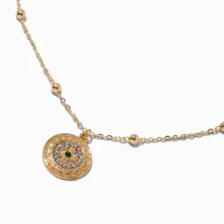 Gold-tone Pavé Round Evil Eye Pendant Necklace