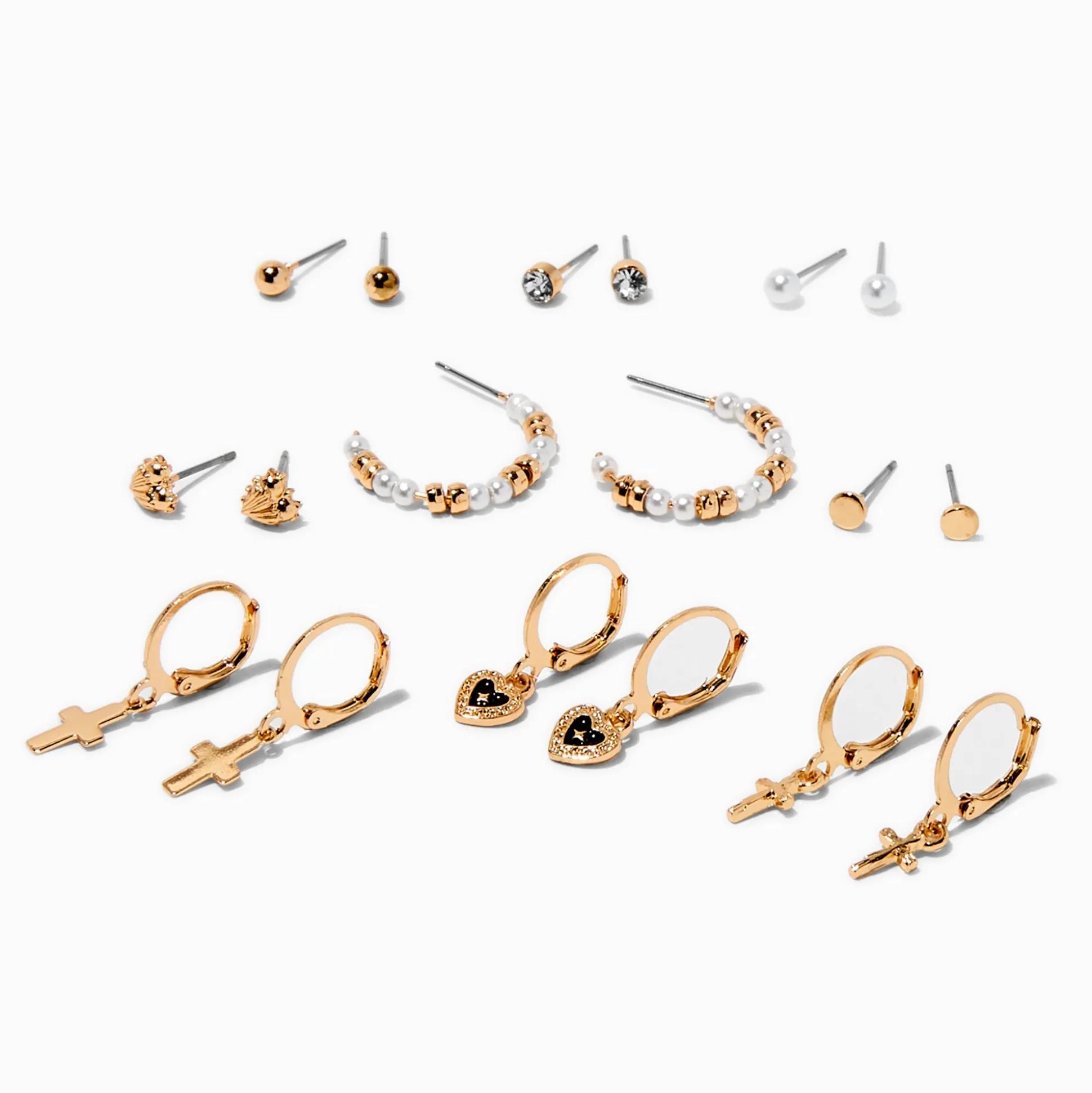 Gold-tone Pearl & Crosses Stackables Earring Set - 9 Pack