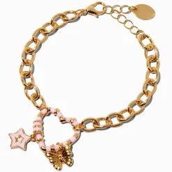 Gold-tone Pink Heart Link Chain Bracelet