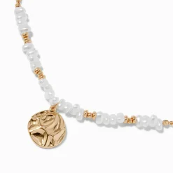 Gold-tone Shell & Pearl Beaded Textured Disc Pendant Necklace