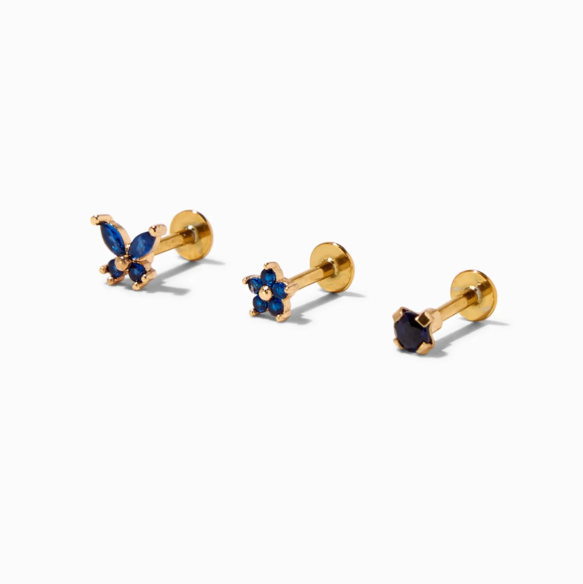 Gold-tone Stainless Steel 16G Blue Butterfly & Flower Cartilage Earrings - 3 Pack