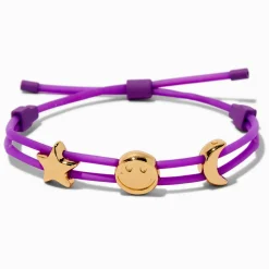 Gold-tone Star, Happy Face & Moon Charm Purple Bolo Bracelet