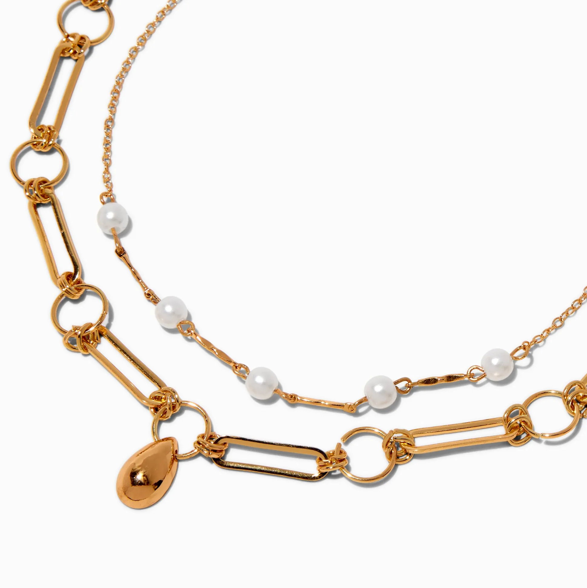 Gold-tone Teardrop Paper Clip & Pearl Chain Multi-Strand Necklace