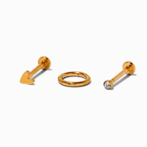 Gold-tone Titanium Cubic Zirconia 18G Stud & Hoop Threadless Tragus Earrings - 3 Pack