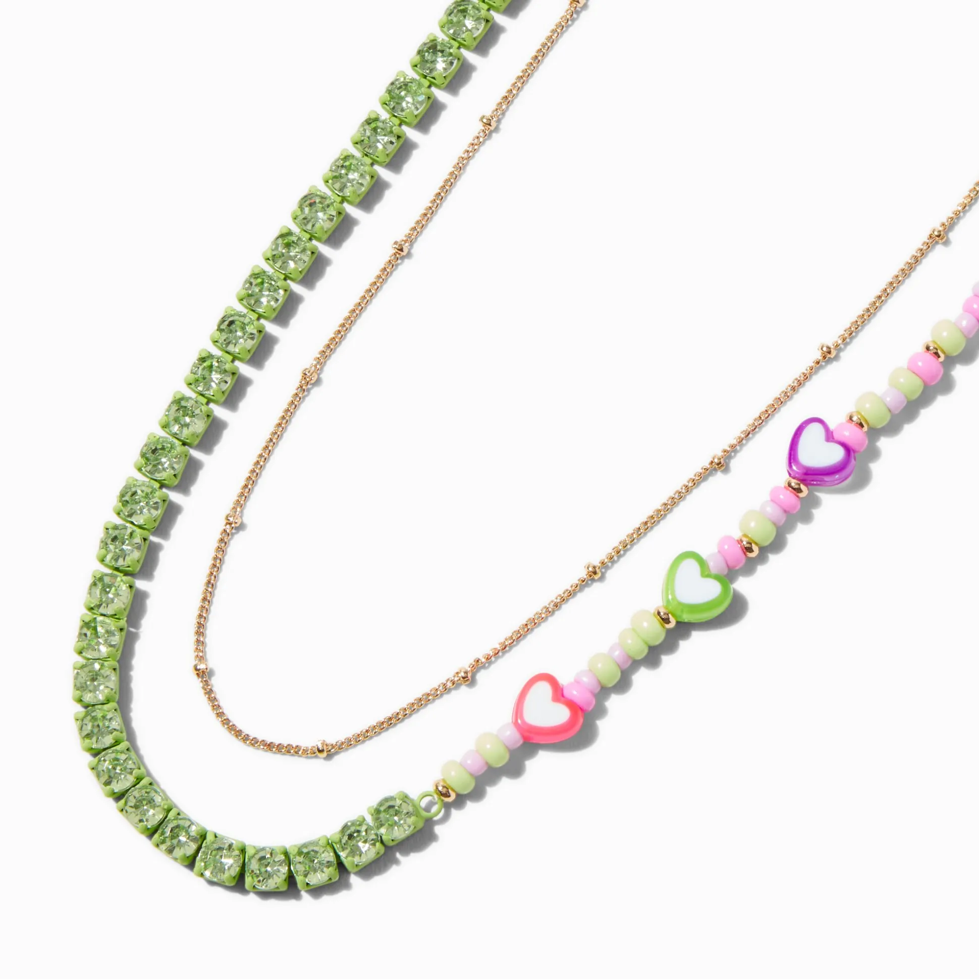 Green Heart Beaded Gold-tone Chain Multi-Strand Necklace