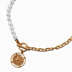 Half Pearl Gold-tone Chain Coin Pendant Necklace
