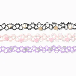 Heart & Floral Beaded Tattoo Choker Necklace - 3 Pack