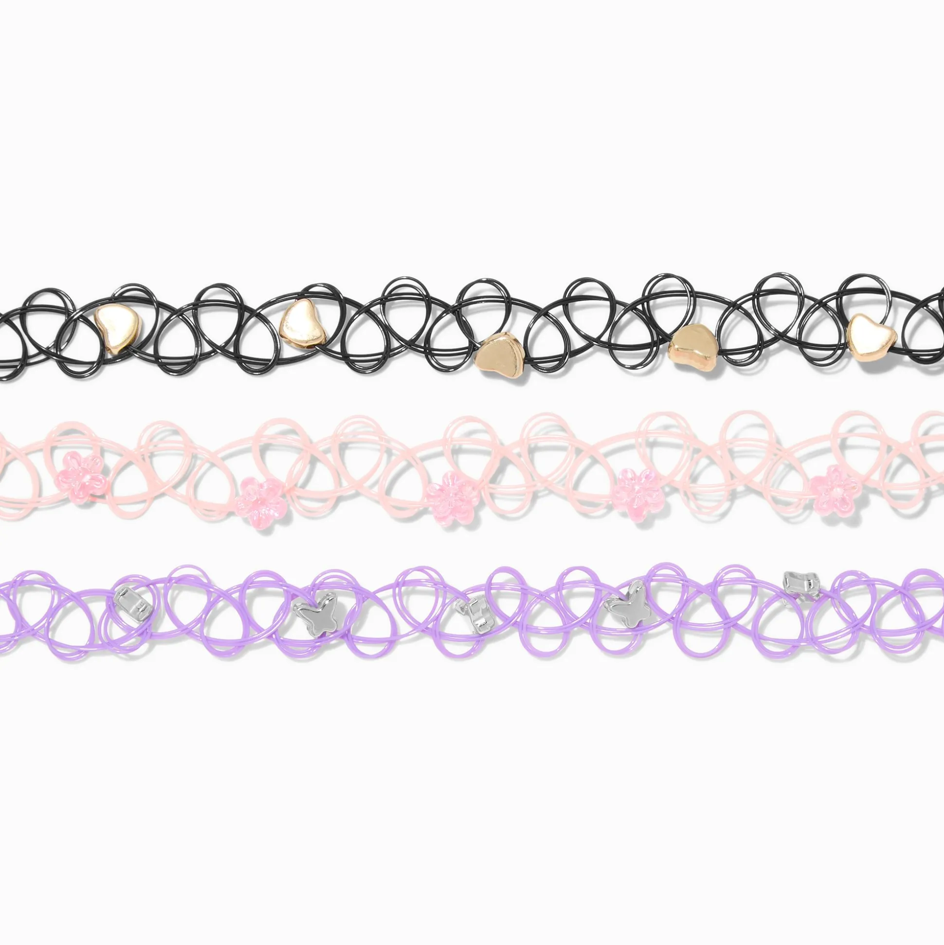 Heart & Floral Beaded Tattoo Choker Necklace - 3 Pack