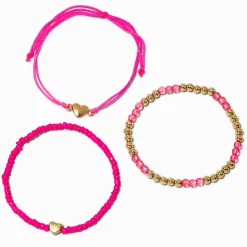 Heart Bright Pink Seed Bead Bracelet Set - 3 Pack