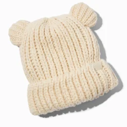 Ivory Bear Knit Beanie Hat