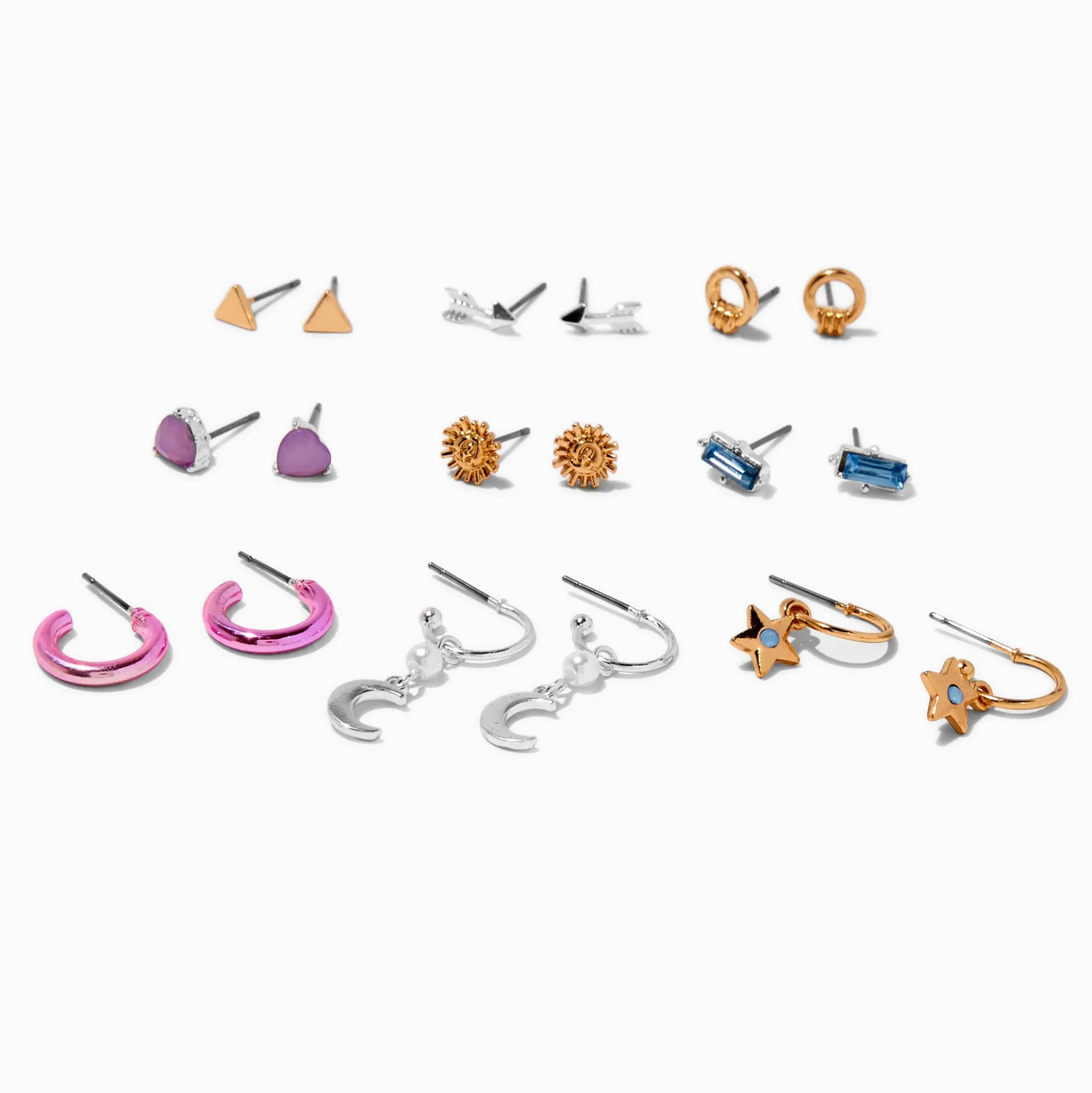 Mixed Metal Crystal Earrings Set - 9 Pack
