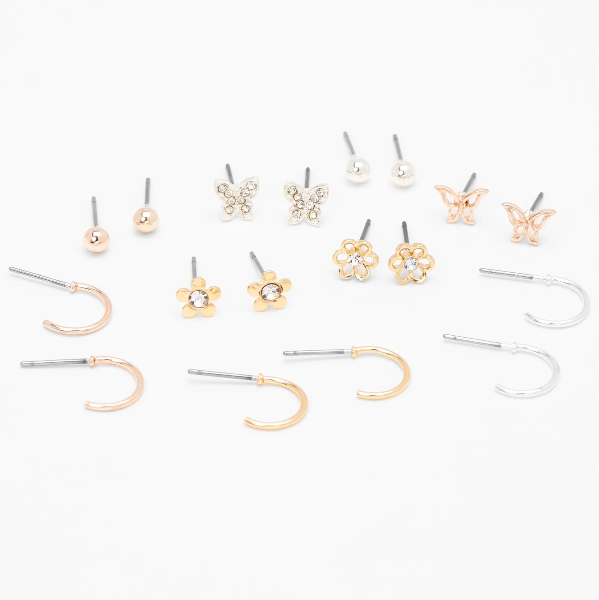 Mixed Metal Flower Butterfly Earrings - 9 Pack