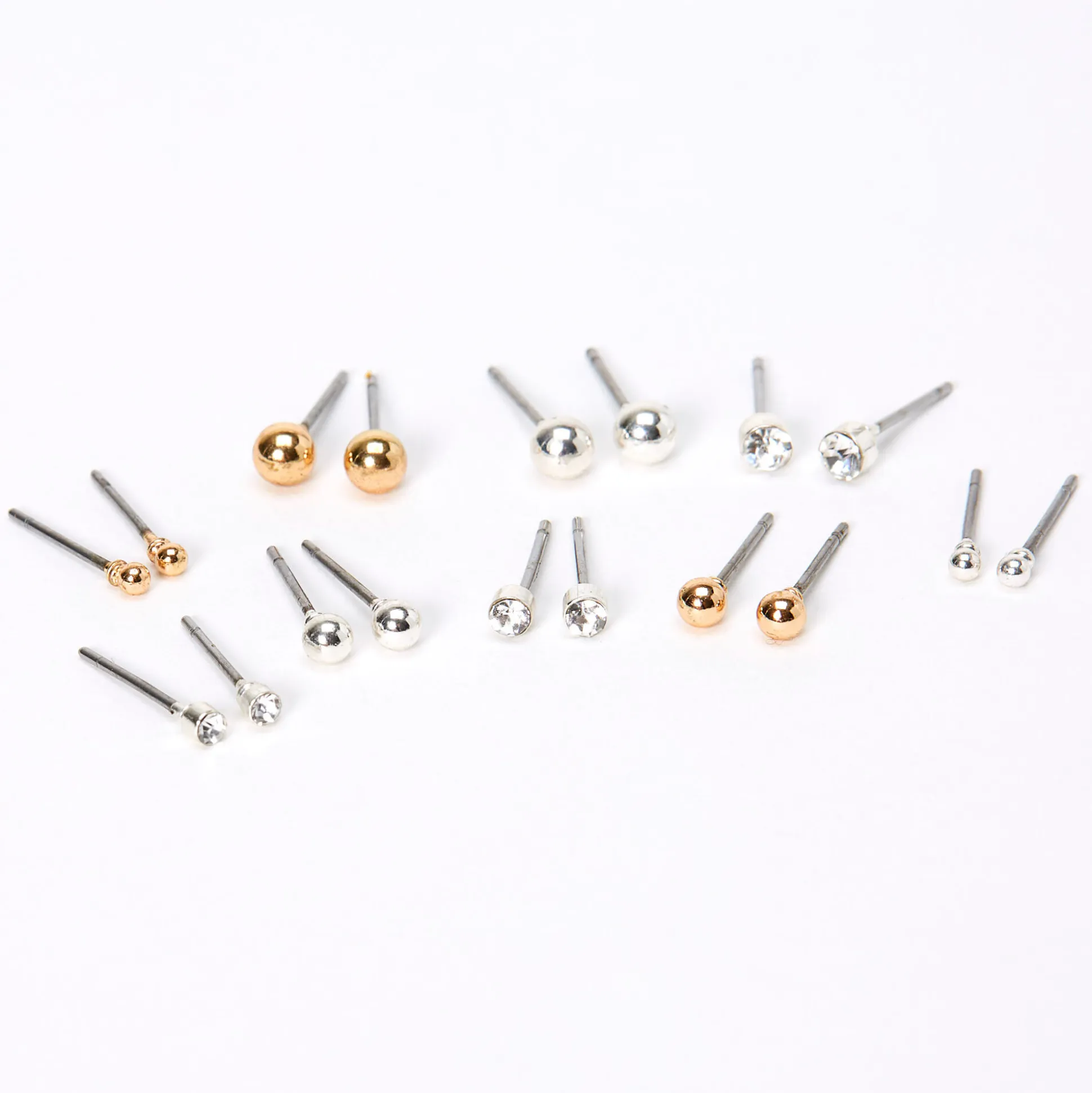 Mixed Metal Graduated Crystal Ball Stud Earrings - 9 Pack