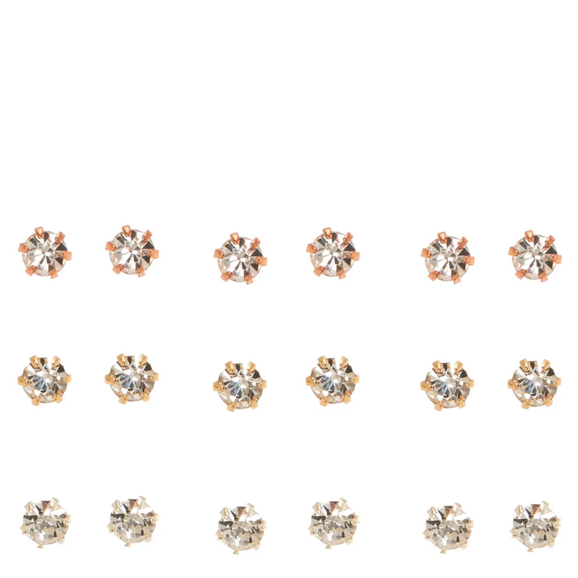 Mixed Metal 3mm Crystal Stud Earrings - 9 Pack