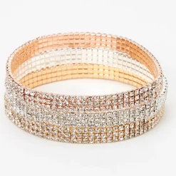 Mixed Metal Triple Row Rhinestone Stretch Bracelets - 3 Pack