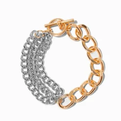 Mixed Metal Two-Tone Curb Chain Multi-Strand Bracelet