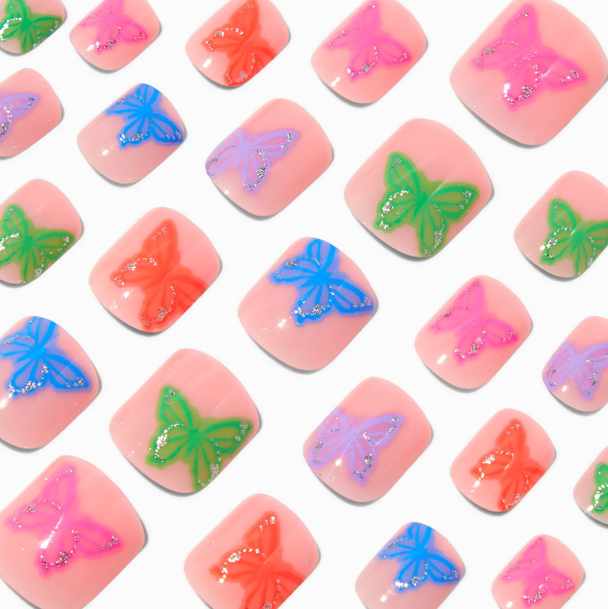 Multicolored Butterfly Square Press On Vegan Faux Nail Set - 24 Pack