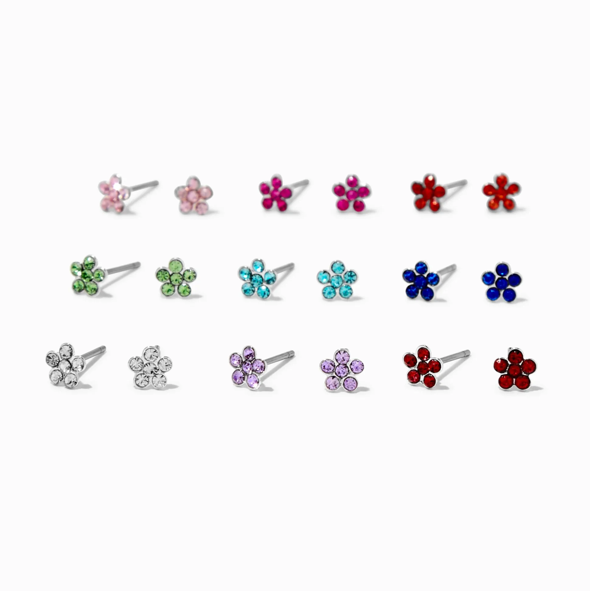 Multicolored Crystal Flower 4mm Stud Earrings - 9 Pack