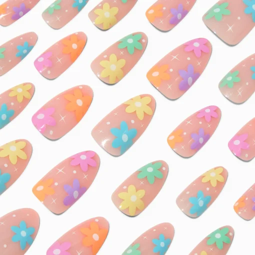 Multicolored Daisy Long Almond Vegan Faux Nail Set - 24 Pack