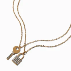 Pavé Lock & Key Gold-tone Pendant Necklaces - 2 Pack