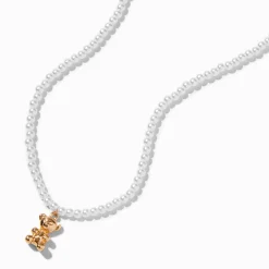 Pearl & Gold-tone Bear Pendant Necklace