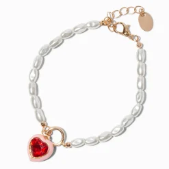 Pearl & Red Heart Charm Bracelet