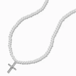 Pearl & Silver-tone Cross Pendant Necklace