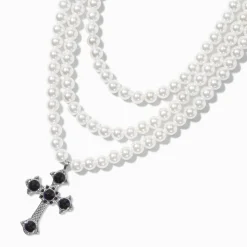 Pearl & Silver-tone Cross Pendant Multi-Strand Necklace