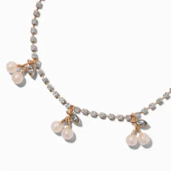 Pearlized Cherry Charm Gold-tone Crystal Cup Chain Choker Necklace