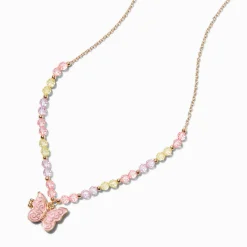 Pink Beaded Butterfly Locket Necklace