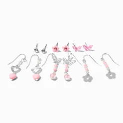 Pink Beaded Flower Earrings Set - 6 Pack