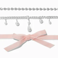 Pink Bow & Pearl Choker Necklaces - 3 Pack