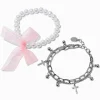 Pink Bow Pearl & Silver-tone Cross Chain Multi-Strand Bracelet Set - 2 Pack