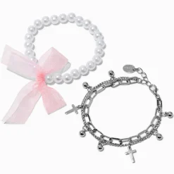 Pink Bow Pearl & Silver-tone Cross Chain Multi-Strand Bracelet Set - 2 Pack