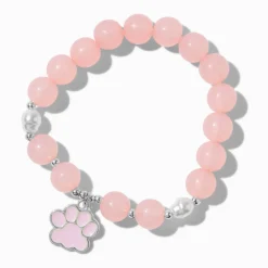 Pink Dog Paw Charm Beaded Stretch Bracelet