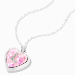 Pink Embellished Initial Glitter Heart Locket Necklace - L