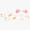 Pink Flower Gold-tone Mixed Earrings Set - 6 Pack