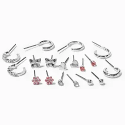 Pink Flower Mixed Silver-tone Stud Earrings - 9 Pack