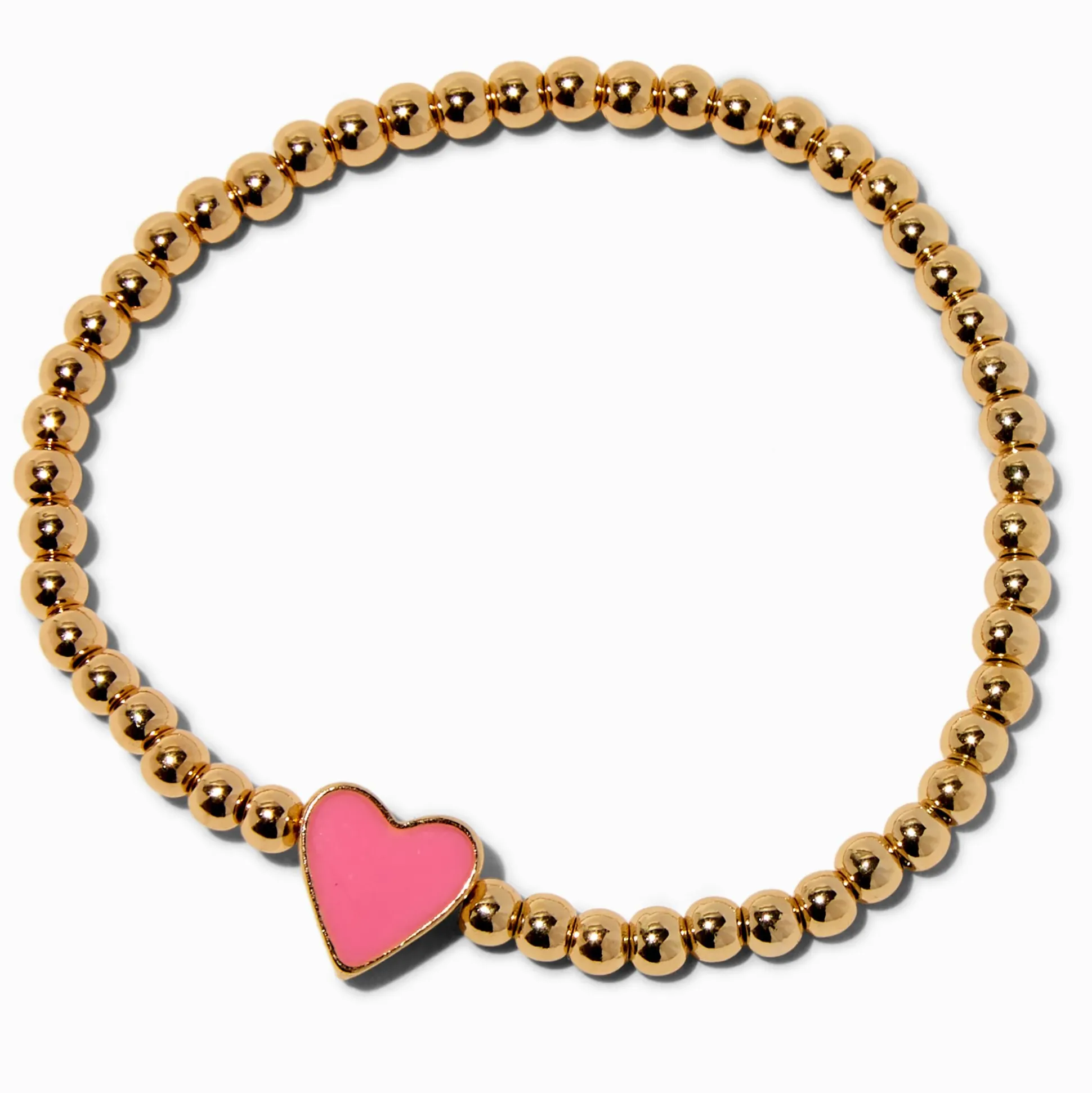 Pink Heart Charm Gold-tone Shot Bead Stretch Bracelet