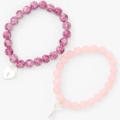 Pink Heart Lock & Key Beaded Stretch Bracelets - 2 Pack