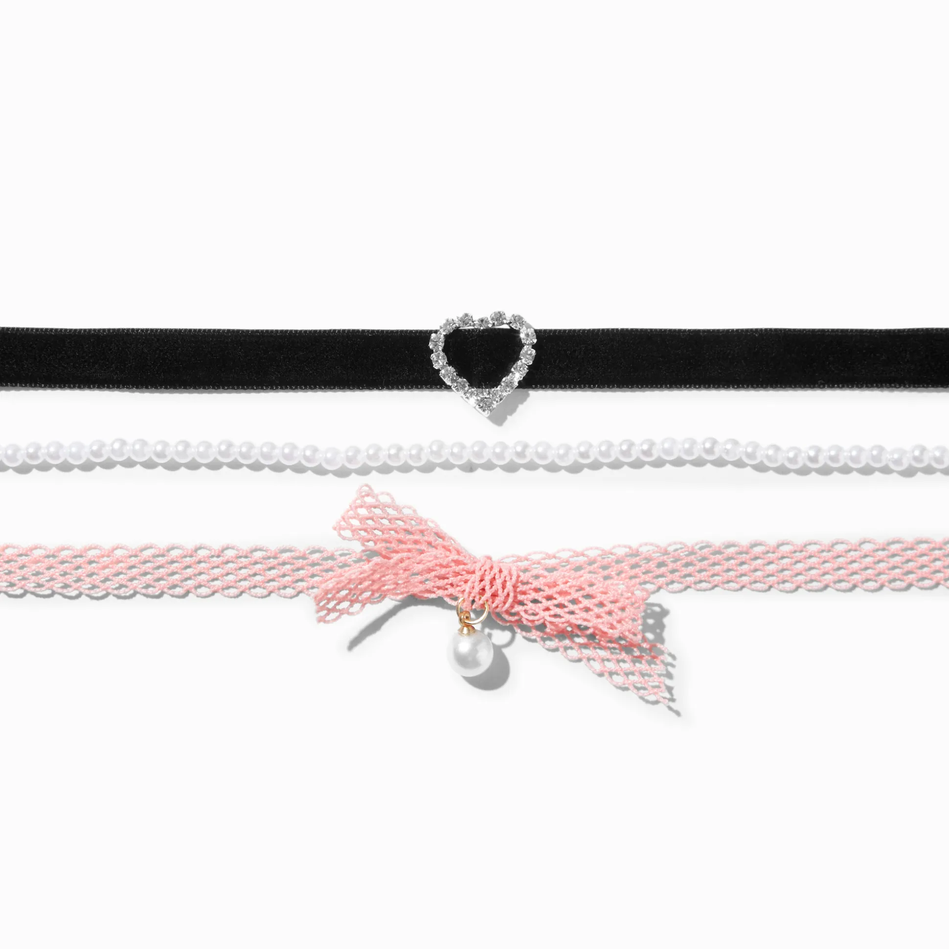 Pink Mesh Heart Velvet Choker Necklaces - 3 Pack