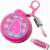 Pink Plaid Initial Hair Brush & Lip Gloss Keychain - A