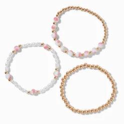 Pink Rose Beaded Stretch Bracelets - 3 Pack