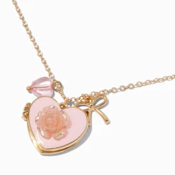 Pink Rose Heart Locket Gold-tone Pendant Necklace