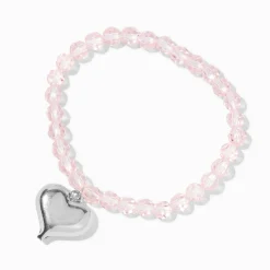 Puffy Heart Charm Pink Beaded Stretch Bracelet