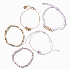 Purple "Love" & Flower Bracelet Set - 5 Pack